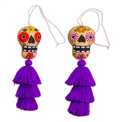 Embroidered felt ornaments, 'Imperial Underworld' (pair) - Day of the Dead Purple Felt Ornaments with Skulls (Pair)