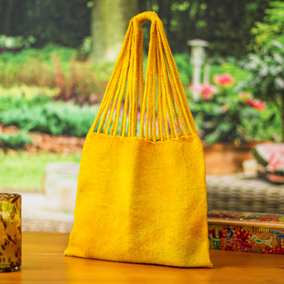 Wool tote bag, 'Royal Amber' - Handloomed Solid Amber Wool Tote Bag from Mexico