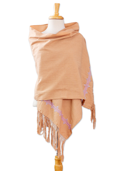 Embroidered cotton shawl, 'Empress's Pink Spirit' - Pink Embroidered Cotton Shawl in a Solid Caramel Hue