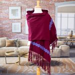 Embroidered cotton shawl, 'Empress's Periwinkle Spirit' - Periwinkle Embroidered Cotton Shawl in a Solid Burgundy Hue
