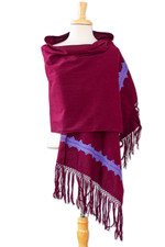 Embroidered cotton shawl, 'Empress's Periwinkle Spirit' - Periwinkle Embroidered Cotton Shawl in a Solid Burgundy Hue