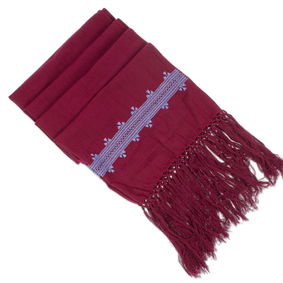 Embroidered cotton shawl, 'Empress's Periwinkle Spirit' - Periwinkle Embroidered Cotton Shawl in a Solid Burgundy Hue