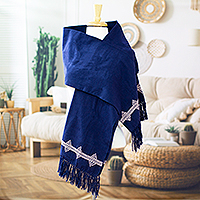 Embroidered cotton shawl, 'Empress's Midnight Spirit' - Blush Embroidered Cotton Shawl in a Solid Midnight Hue
