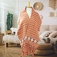 Cotton scarf, 'Diamonds and Stripes' - Hand-Woven Orange Cotton Scarf with Stripes & Diamond Motif