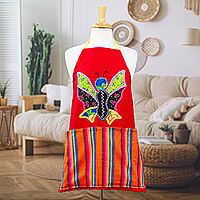 Cotton apron, 'Ruby Changes' - Butterfly-Themed Gabardine Cotton in a Ruby Hue