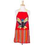 Cotton apron, 'Ruby Changes' - Butterfly-Themed Gabardine Cotton in a Ruby Hue