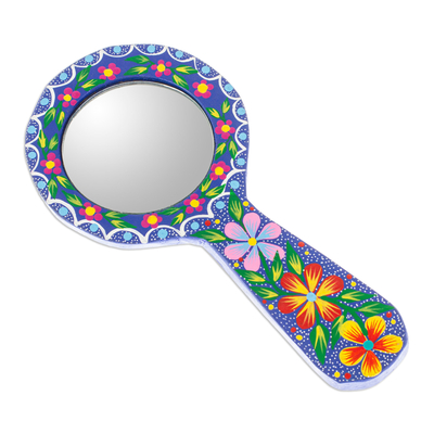 Wood hand mirror, 'Indigo Petals' - Handcrafted Indigo Copal Wood Hand Mirror with Floral Motifs
