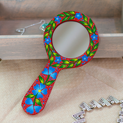 espejo de mano de madera - Espejo de mano de madera de copal pintado a mano con hojas y flores en rojo