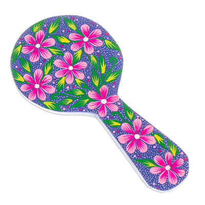 Wood hand mirror, 'Primaveral Teal' - Traditional Painted Floral Copal Wood Hand Mirror in Teal