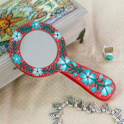 espejo de mano de madera - Espejo de mano tradicional de madera de copal pintado floral en carmesí