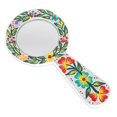 Wood hand mirror, 'Floral Mirages' - Traditional Floral and Leafy Copal Wood Hand Mirror in White