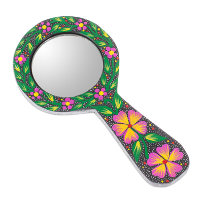 Wood hand mirror, 'Leafy Night' - Painted Leafy and Floral Copal Wood Hand Mirror in Black