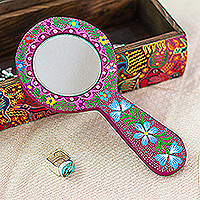 Wood hand mirror, 'Primaveral Mulberry' - Classic Painted Floral Copal Wood Hand Mirror in Mulberry