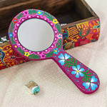 Wood hand mirror, 'Primaveral Mulberry' - Classic Painted Floral Copal Wood Hand Mirror in Mulberry