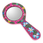 Wood hand mirror, 'Primaveral Mulberry' - Classic Painted Floral Copal Wood Hand Mirror in Mulberry