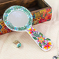 Wood hand mirror, 'Primaveral Light' - Traditional Painted Floral Copal Wood Hand Mirror in White