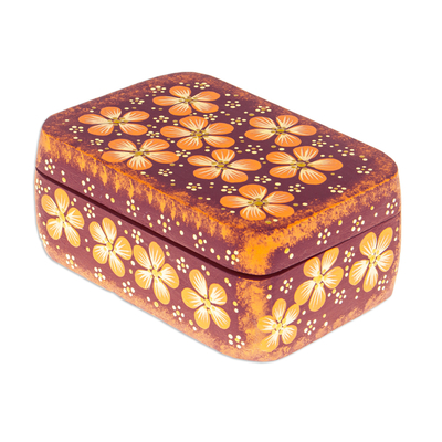 Decorative wood box, 'Secret Summer' - Handcrafted Orange Decorative Wood Box with Floral Details