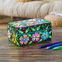 Decorative wood box, 'Fantasy Night' - Hand-Painted Floral Decorative Copal Wood Box from Mexico