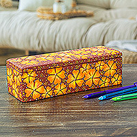 Caja de madera decorativa, 'Summer Eden' - Caja de madera decorativa pintada a mano en color naranja con detalles florales