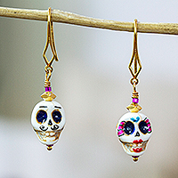 Gold-accented howlite dangle earrings, 'To Eternity' - Handmade Day of The Dead 14k Gold-Accented Dangle Earrings