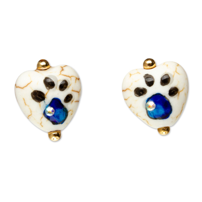 Gold-accented howlite stud earrings, 'Cyan Paws' - 14k Gold-Accented Cyan Heart-Shaped Howlite Stud Earrings