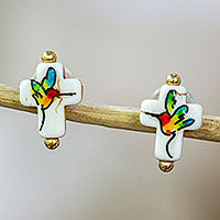 Gold-accented howlite button earrings, 'Harmonious Faith' - 14k Gold-Accented Hummingbird Cross Button Earrings