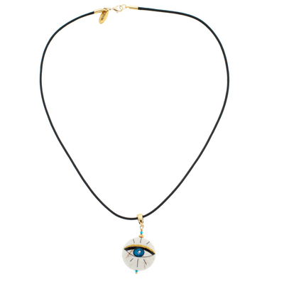 Gold-accented howlite pendant necklace, 'Universal Glance' - Hand-Painted 14k Gold-Accented Round Pendant Necklace
