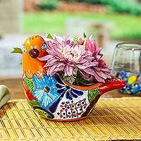 Ceramic flower pot, 'Sunrise Coo' - Talavera Sunrise Ceramic Pigeon Flower Pot from Mexico