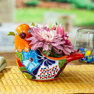 Ceramic flower pot, 'Sunrise Coo' - Talavera Sunrise Ceramic Pigeon Flower Pot from Mexico