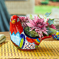 Ceramic flower pot, 'Crimson Coo' - Talavera Crimson Ceramic Pigeon Flower Pot from Mexico