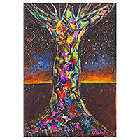 'Tree Woman' - Stretched Acrylic Expressionist Painting in Colorful Hues