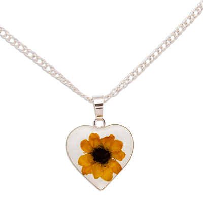 Natural flower pendant necklace, 'Sunflower Heart' - Heart-Shaped Natural Sunflower Pendant Necklace from Mexico