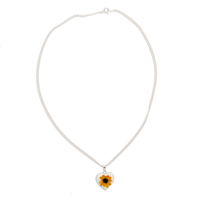 Natural flower pendant necklace, 'Sunflower Heart' - Heart-Shaped Natural Sunflower Pendant Necklace from Mexico