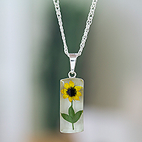 Natural flower pendant necklace, 'Sun Gift' - Cylindrical Natural Sunflower Resin Pendant Necklace