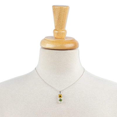 Natural flower pendant necklace, 'Sun Gift' - Cylindrical Natural Sunflower Resin Pendant Necklace