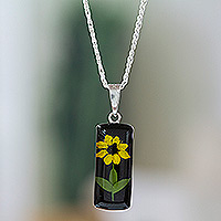 Natural flower pendant necklace, 'Sun Gift at Night' - Cylindrical Black Natural Sunflower Resin Pendant Necklace