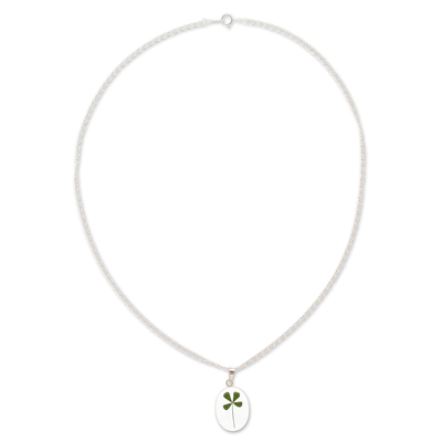 Natural leaf pendant necklace, 'Clover Soul' - Oval Natural Clover Pendant Necklace from Mexico