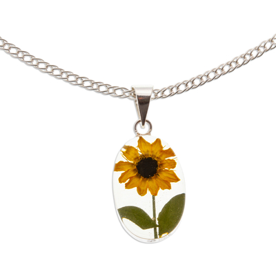 collar con colgante de flor natural - Collar con colgante de girasol natural ovalado de México