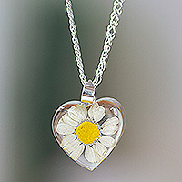 Natural flower pendant necklace, 'Daisy Heart' - Heart-Shaped Natural Daisy Pendant Necklace from Mexico