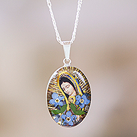 Natural flower pendant necklace, 'Guadalupe's Bouquet' - Our Lady of Guadalupe Pendant Necklace with Natural Flowers