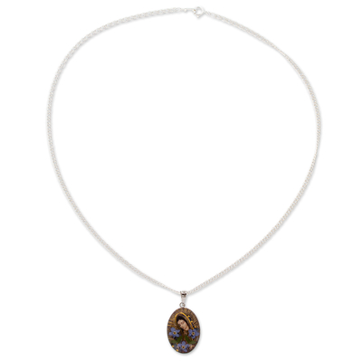 Natural flower pendant necklace, 'Guadalupe's Bouquet' - Our Lady of Guadalupe Pendant Necklace with Natural Flowers