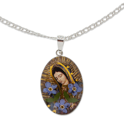 Halskette mit natürlichem Blumenanhänger - Halskette mit Anhänger Unserer Lieben Frau von Guadalupe und natürlichen Blumen