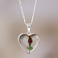 Natural flower pendant necklace, 'Rose Heart' - Heart-Shaped Natural Rose Pendant Necklace from Mexico