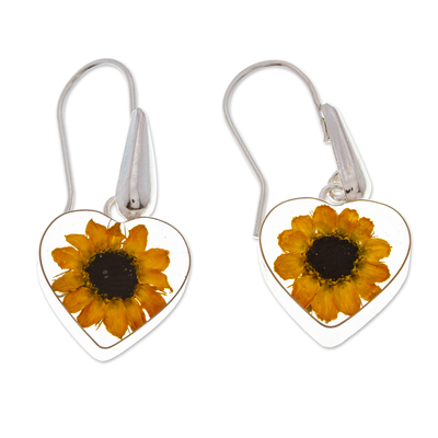 Natural flower dangle earrings, 'Sunflower Hearts' - Heart-Shaped Natural Sunflower Dangle Earrings from Mexico