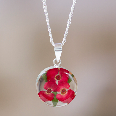 Natural flower pendant necklace, 'Crown Luck' - Round Natural Flower Pendant Necklace from Mexico