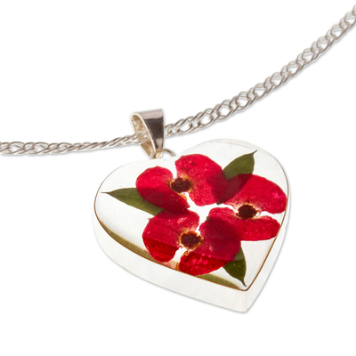 Natural flower pendant necklace, 'Crown Heart' - Heart-Shaped Natural Flower Pendant Necklace from Mexico