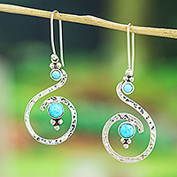 Turquoise dangle earrings, 'Sinuous Hope' - Hammered Sterling Silver Dangle Earrings with Turquoise Gems