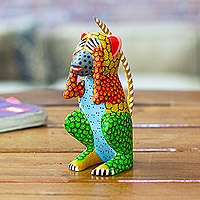 Wood alebrije figurine, 'Astonished Monkey' - Wood Monkey Alebrije Figurine Painted in Green and Yellow