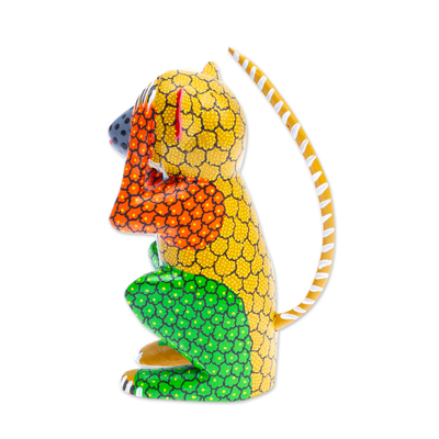 Wood alebrije figurine, 'Astonished Monkey' - Wood Monkey Alebrije Figurine Painted in Green and Yellow