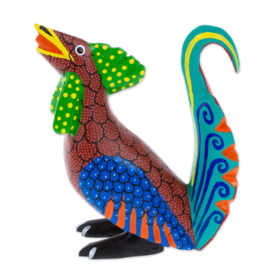 Wood alebrije figurine, 'Striking Rooster' - Hand-Carved & Hand Painted Wood Rooster Alebrije Figurine